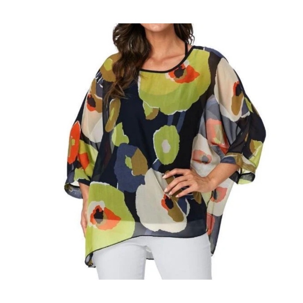 Unbranded Kaftan Colorful Poncho Blouse One Size Black Floral Sheer Chiffon Top